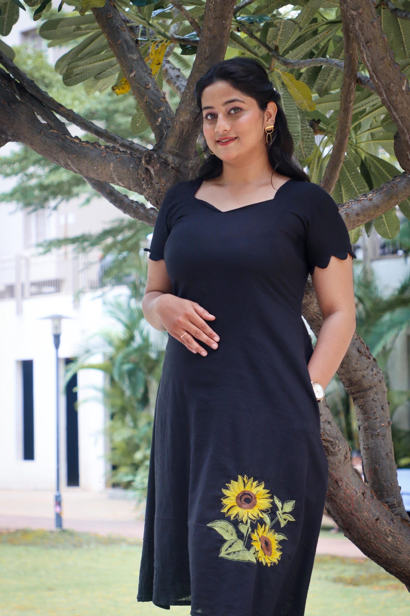 Black dress, sunflower embroidery dress, black long dress