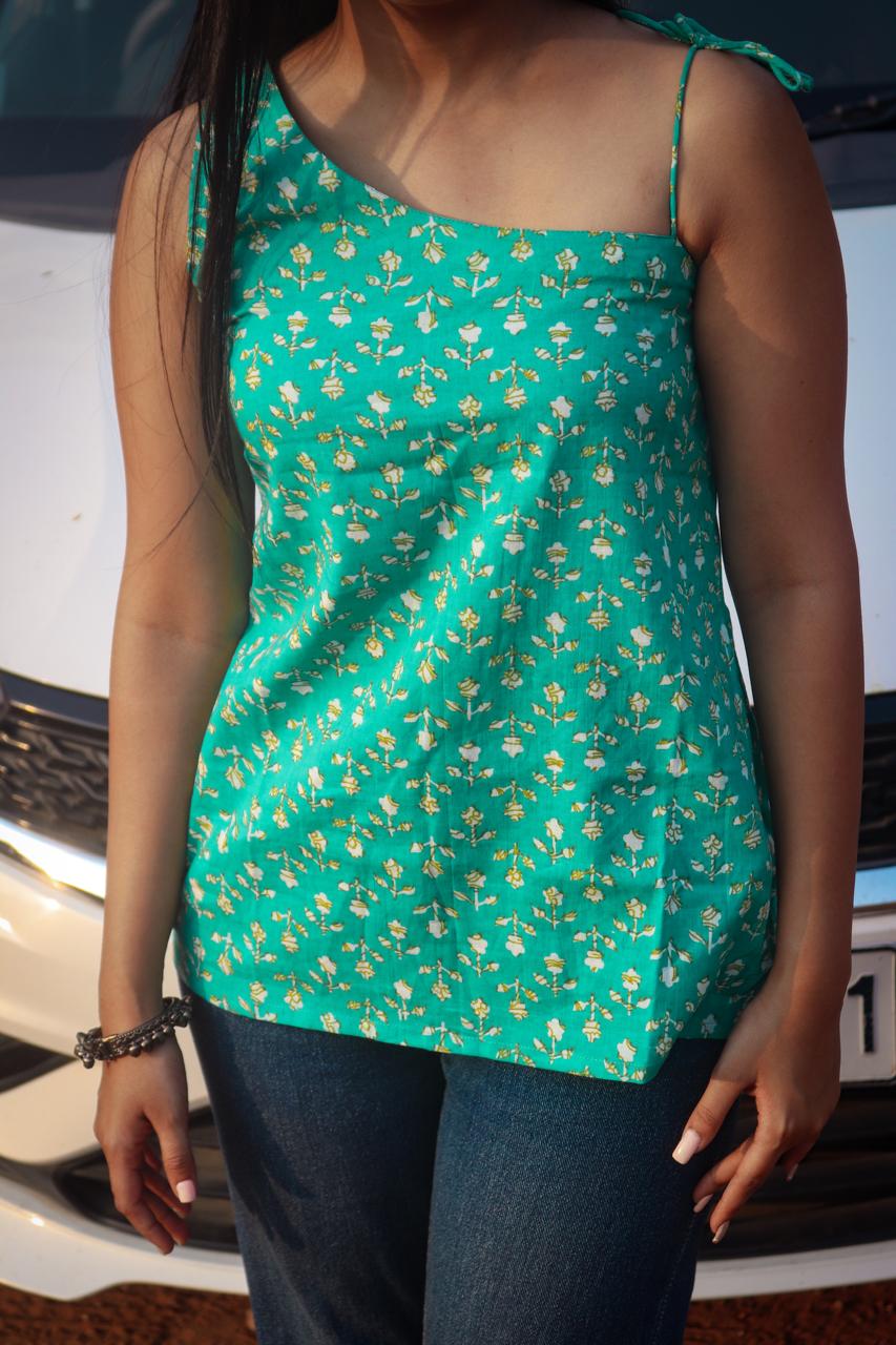 Green short kurti, one shoulder short kurti, short kurti, cotton short kurti